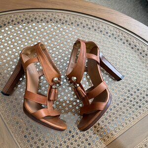 (SOLD) Gucci Brown Leather Marrakech Tassel Detail T-Strap Heels  Size 37